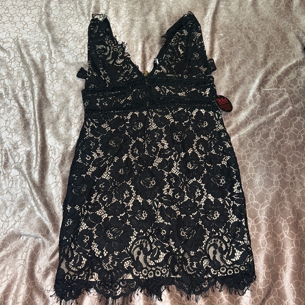 Hot Miami Styles Black Lace Dress with Nude Underline